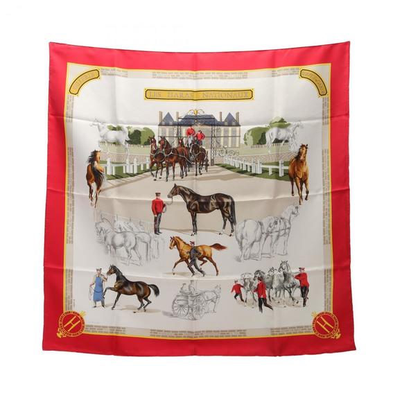 Hermès HERMES Carré 90 LES HARAS NATIONAUX Silk Scarf for Women White/Red/Mu...